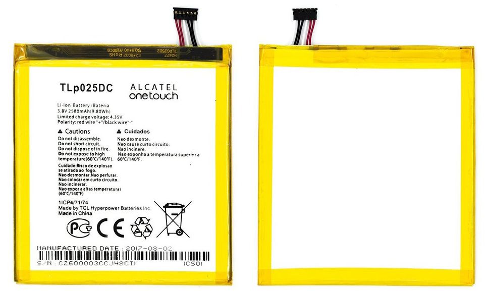 Аккумуляторная батарея (АКБ) Alcatel TLP025DC для 8050D, 9001D Pixi 4 (6), 2580 mAh