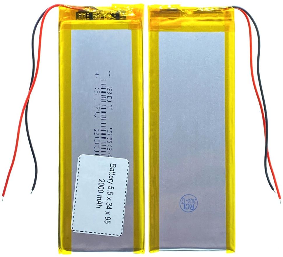 Универсальная аккумуляторная батарея (АКБ) 2pin, 5.5 X 34 X 95 мм (553495, 953455), 2000 mAh