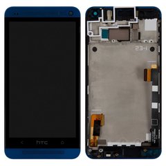 Дисплей (экран) HTC 801e One M7, 801n с тачскрином и синей рамкой в сборе, черный