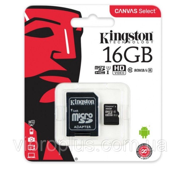 Карта пам'яті micro-SD 16Gb Kingston Canvas Select UHS-1 class10
